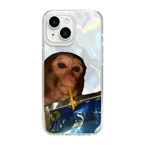 [1pcs] Holographic Iridescent Clear Phone Case with Funny Meme Monkey Design, Trendy Viral Monkey Sipping Drink Case, Shockproof Protective Cover for iPhone Series