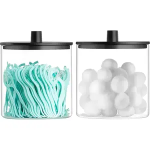 Glass Qtip Holder Dispenser - 24 oz Clear Canister Jar, Bathroom  Storage Organizer for  Swabs, Pads, Floss Picks, Small Containers for Makeup Storage (Black)
