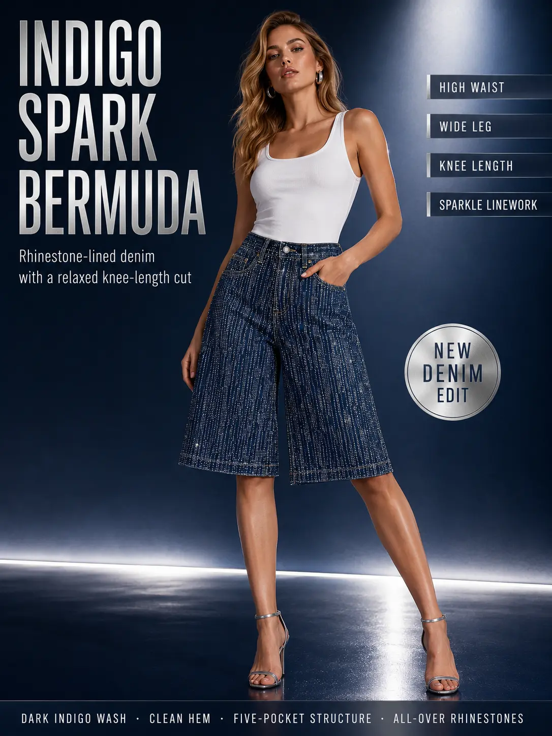 Women's Chic High-Waist Wide-Leg Stretch Denim Bermudas - Diamond-Embossed Rhinestone Grid, Button Closure, Cotton-Elastane, Comfortable Fit, Everyday Bottom, Knee-Length, Hand Wash Only, High Stretch Waist