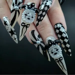 Gothic Harlequin Press-On Nails, 3D Jester Faces with Black & Silver Glitter, Diamond Checkered Pattern, Bow & Pearl Details, Handmade Halloween Nail Art Set for Spooky Glam Looks