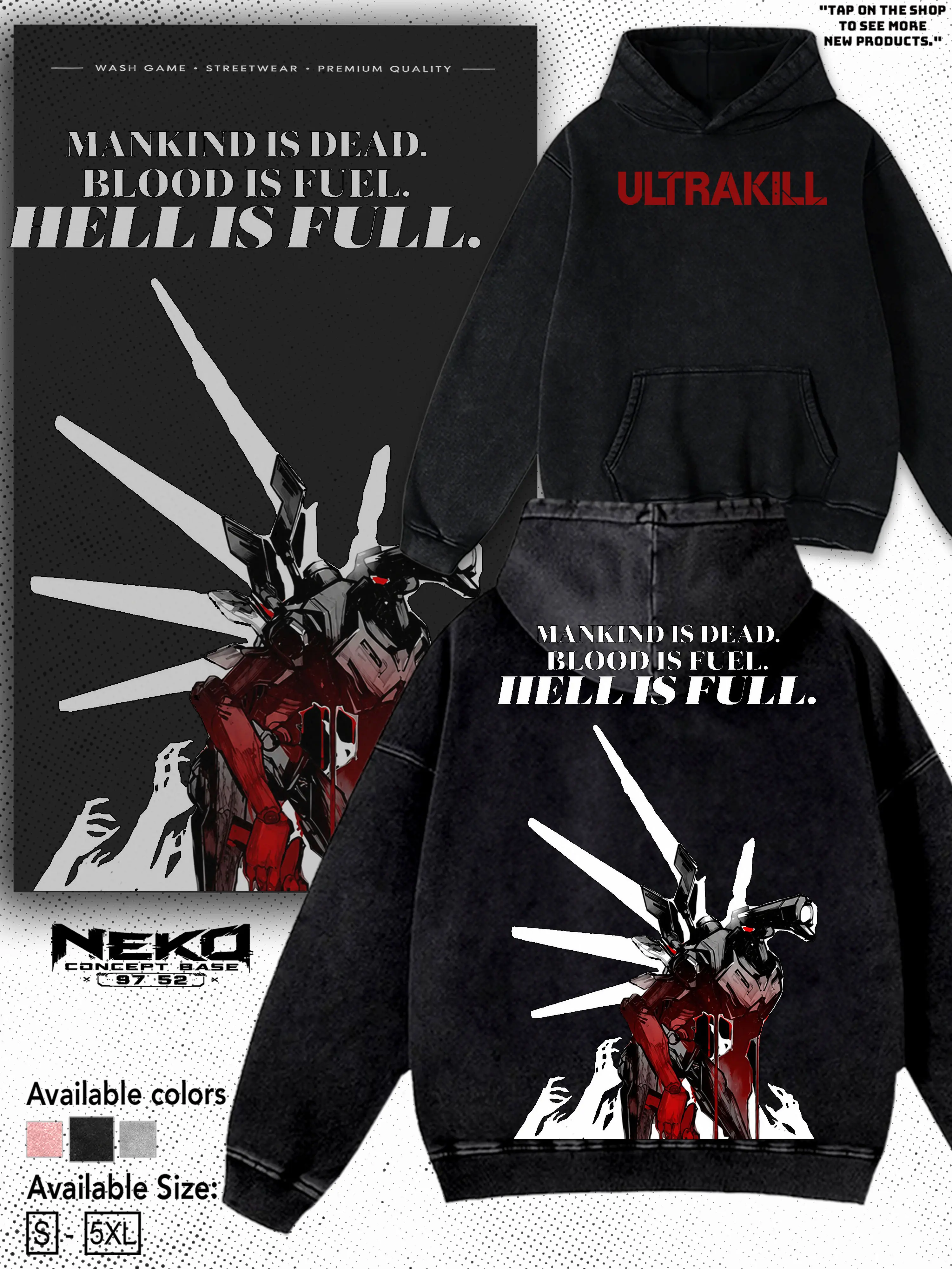 Ultrakill V1 Robot Graphic Washed T-Shirt, Mankind Is Dead Blood Is Fuel Vintage Hoodie, Heavyweight Premium Cotton Loose Fit Tee, Retro 90s Oversized Cotton Gamer Summer Outfits