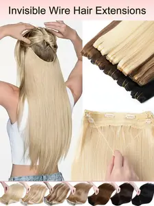 Wire On Fish Line Hair Extension Clips Real Human Hair Extensions 12-20 Inch, Natural Looking Hair Extensions, Easy to Use Hair Accessories