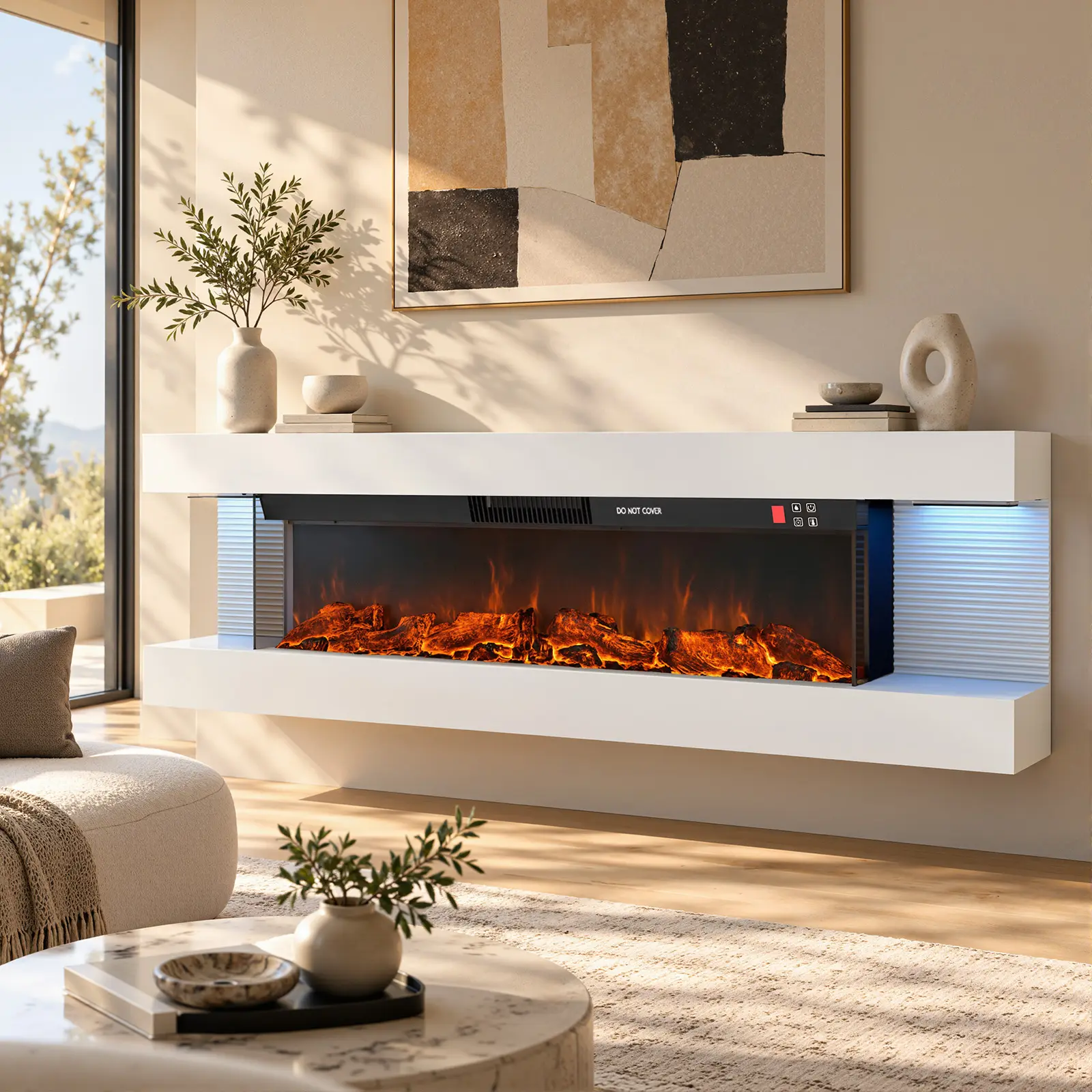Aoxun 32”–60” Black Wall Mount Electric Fireplace Heater with Floating Mantel, 3-Sided Design, 12 Flame & 12 Side Ambient LED Colors, Remote Control, 8H Timer, 750W/1500W for Living Room Bedroom, 32”–60”, Wall Mount