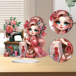 2D Flat Print Sewing Machine Girl DIY Double-Sided Printed Single-Side Drill Diamond Painting Tabletop Ornaments Kit Table Top Diamond Painting Ornament Kits for Home Office Desktop Decor