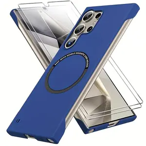 3 PCS [1 Phone Case with 2X Clear Screen Protectors]Luxury Ultra Thin Frameless Magnetic Phone Case For Samsung Galaxy S26 Ultra S25 Ultra S24 Ultra S23 S22 S21 S20 Plus FE Simple Monochrome Matte Magnetic No Frame Semi-Edge Cover