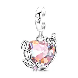 MULA 925 Silver-plated Heart Shape Tulip Pendant with Crystal Glass and Cubic Zirconia - Compatible with Pandora Bracelets and Necklaces, a Romantic Jewelry Gift for Women and Girls