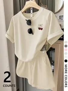 Two-Piece Set Women's Cherry Print Tee & Shorts, Casual Fashion Cozy Round Neck Short Sleeve T-shirt & Shorts for Daily Outdoor Wear, Ladies Summer Outfit, Suits