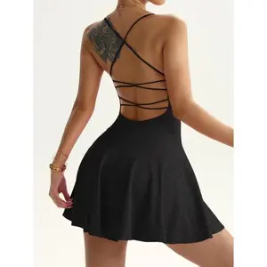 2026   2PCS Women's Backless Strap Dress with Pocket Shorts, Sporty Mini Skirt Design, Yoga Fitness Tank Romper, Golf Sports Tennis Skirt, Tennis Athletic Dress