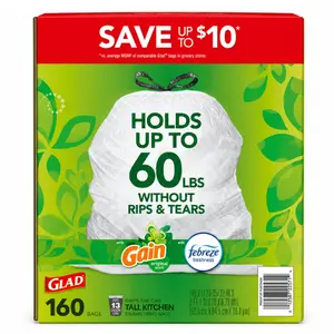 Glad ForceFlex Tall Kitchen Drawstring Trash Bags, Gain Original scent with Febreze Freshness, 13 Gallon, 160 ct.