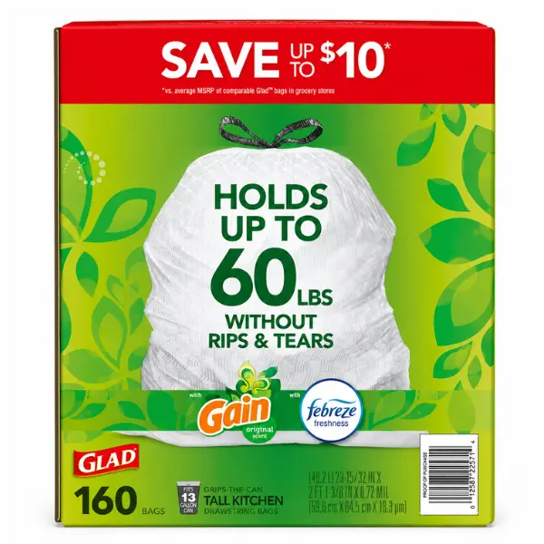 Glad ForceFlex Tall Kitchen Drawstring Trash Bags, Gain Original scent with Febreze Freshness, 13 Gallon, 160 ct.