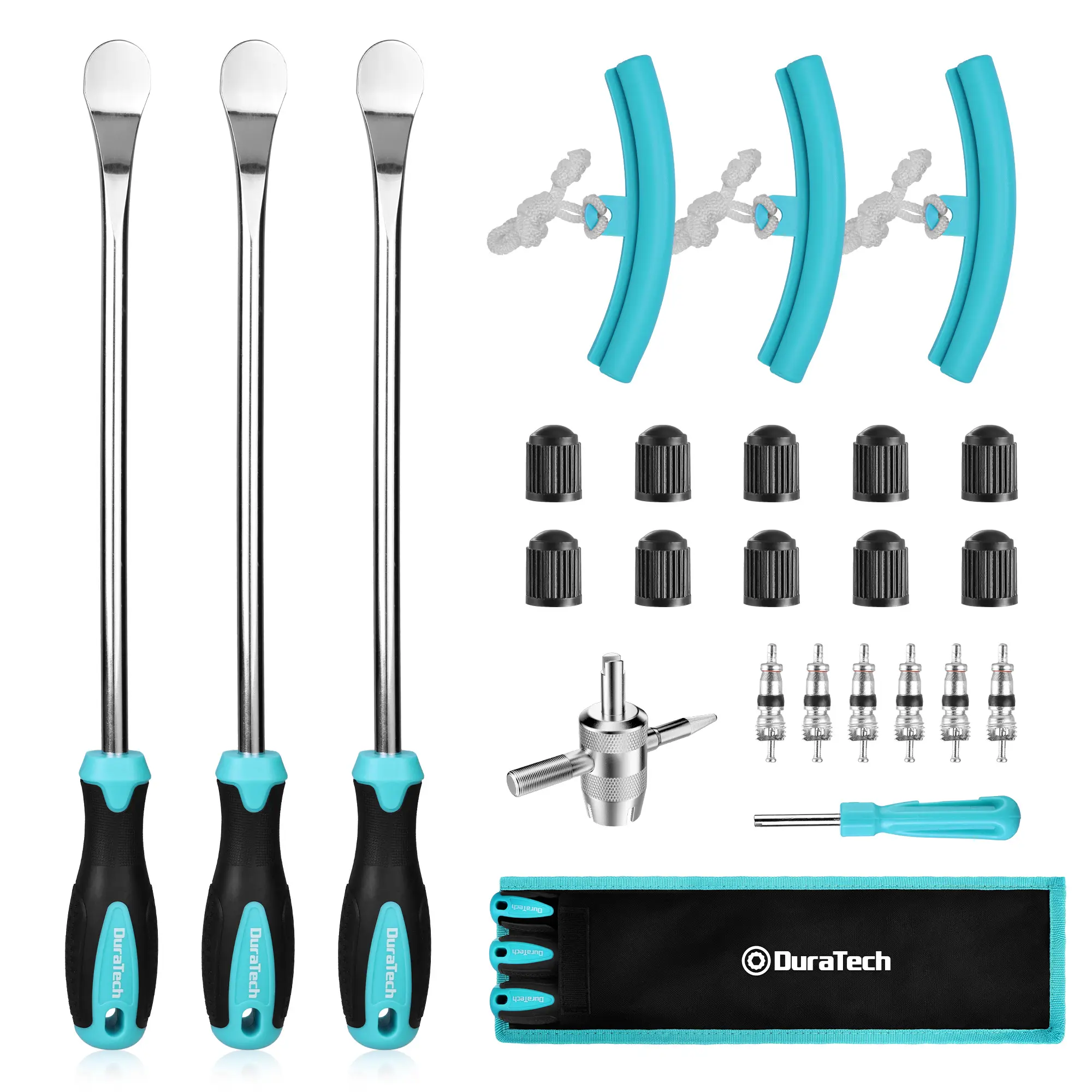 #fathersdaygift DURATECH 14.5" Steel Tire Spoons Tool Set, 24-Piece Tire Bar Removal Set with Rim Protectors, Valve Core Tools and Storage Bag, Tire Changing Iron Tool Kit for Motorcycle, Bicycle, ATV and Lawn Mower