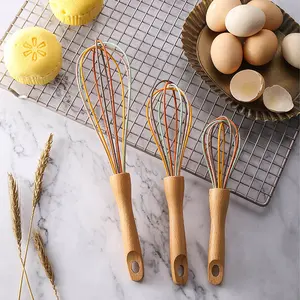 Sturdy Mini Silicone Whisk with Wooden Handle, 8-10 in Handheld Manual Mixer, Colorful Kitchen Baking Utensil, Essential Home Supplies Bakeware Tool