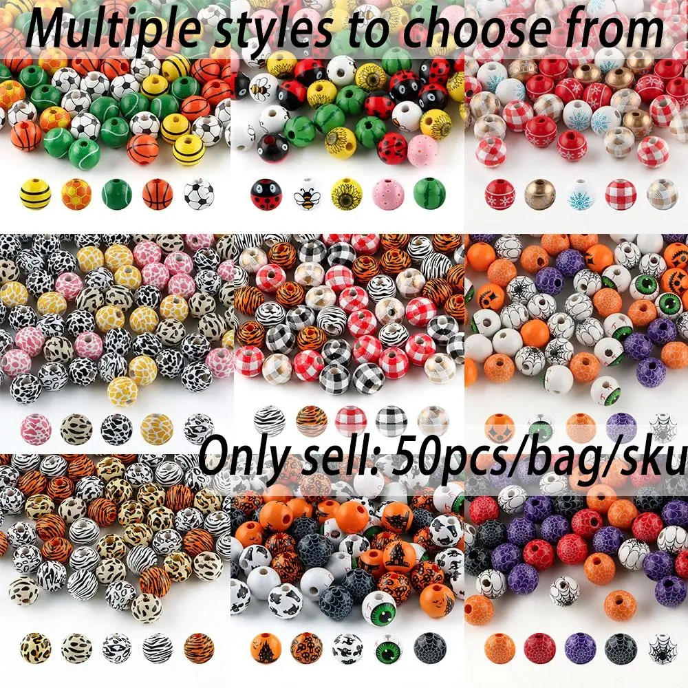 50pcs Wooden Printed Round Beads for DIY Crafts, Christmas and Halloween Designs, Various Styles and Combinations, DIY Beading Accessories, Beading Making, DIY Craft Embellishments, Beaded Set
