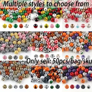 50pcs Wooden Printed Round Beads for DIY Crafts, Christmas and Halloween Designs, Various Styles and Combinations, DIY Beading Accessories, Beading Making, DIY Craft Embellishments, Beaded Set