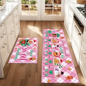 2 Pcs Kitchen Rug Pink Gingerbread Man Printed Rug Set Farm Kitchen Carpet Dining Room Floor Laundry Room Decorative Carpet Pad Kitchen Rugs Sets
