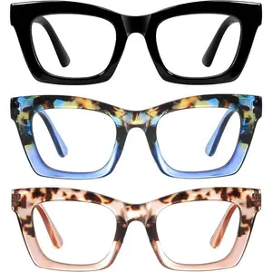 RESJOK 3Pack Reading Glasses for Women Blue Light Blocking Fashion Readers with Spring Hinge Computer Square Eyeglasses High Quality Adjustable Eyewear