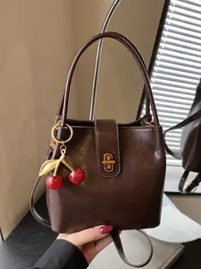 Simple and stylish retro one-shoulder handbag, small mini cherry pendant decoration, casual everyday   sweet    simple exquisitepersonality versatile suitable for daily commuting, shopping and dating, Pu Tote Satchel
