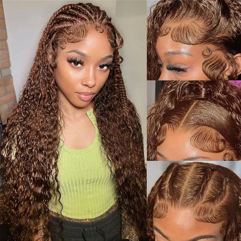 Chocolate Brown 13x6 Human Natural Hair Lace Front Wig, 30in Glueless Curly Deep Wave Wig, 180% Density, Pre-Plucked Smooth Hairline
