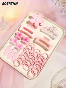 31pcs multi-functional pink lady beauty dress hair accessories tool suit, flower-shaped hair claw flower hair accessories, soft elastic hair ring hair rope, love printing square hair clip, side seamless hair clip