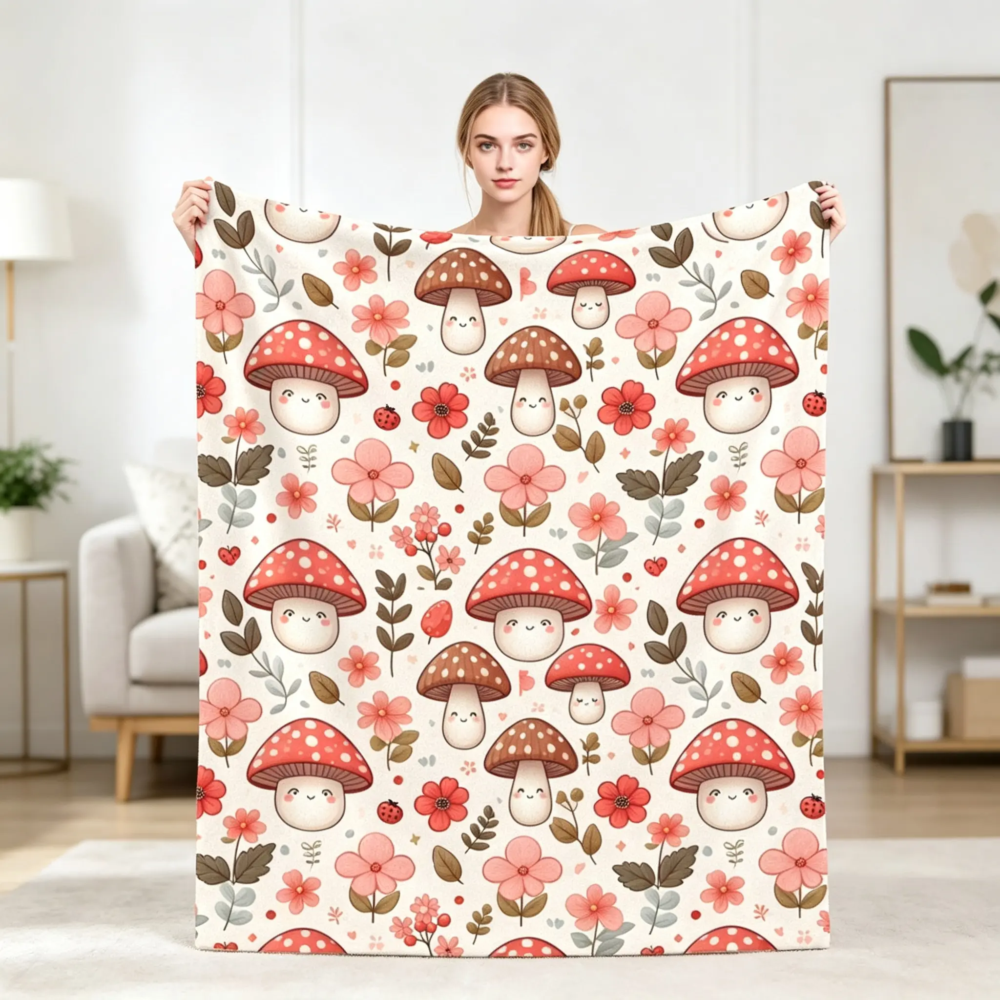 Soft Mushroom Flannel Throw Blanket Cute Aesthetic Plush Cozy Blanket for Couch Bed Dorm Room Decor Lightweight Warm Gift for Women Girls Home