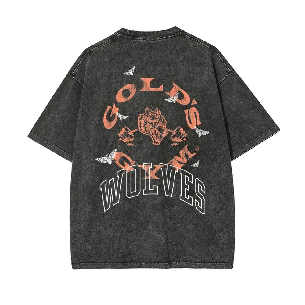 Vintage Washed Gold’s Gym Wolves Double Sided Tee Wolf Head Dumbbell Moth Back Print Golds Gym Wolves Letter Graphic Oversized Black Acid Wash Fitness Streetwear Casual Tee