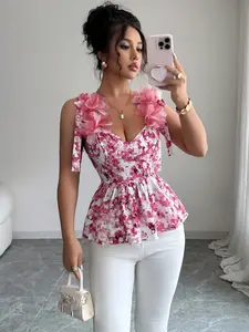 Women's Floral Knitted Loose-Fitting Summer Top, Casual Style Kint Fabric, Age 45-54, No-Sensitive Goods, Origin China