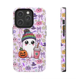 Spooky Cute kawaii Ghost Drinking Iced Coffee Pumpkin Spice Funny Halloween Bow Tough Phone Cases