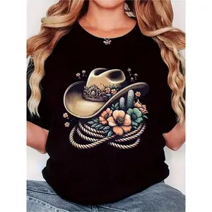 Women's Vintage Floral Cowboy Hat Graphic T-Shirt,  Cotton Soft Short-Sleeve Crew Neck Tee, Western Style with Cactus & Rope Accents, Black Retro Print Casual Fitted Tops, Shortsleeve