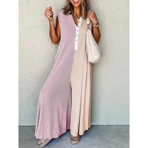 Women's Casual Sleeveless V Neck Colorblock Floral Print Button Jumpsuit, All Seasons Suitable Daily Wear Tube Romper Overalls