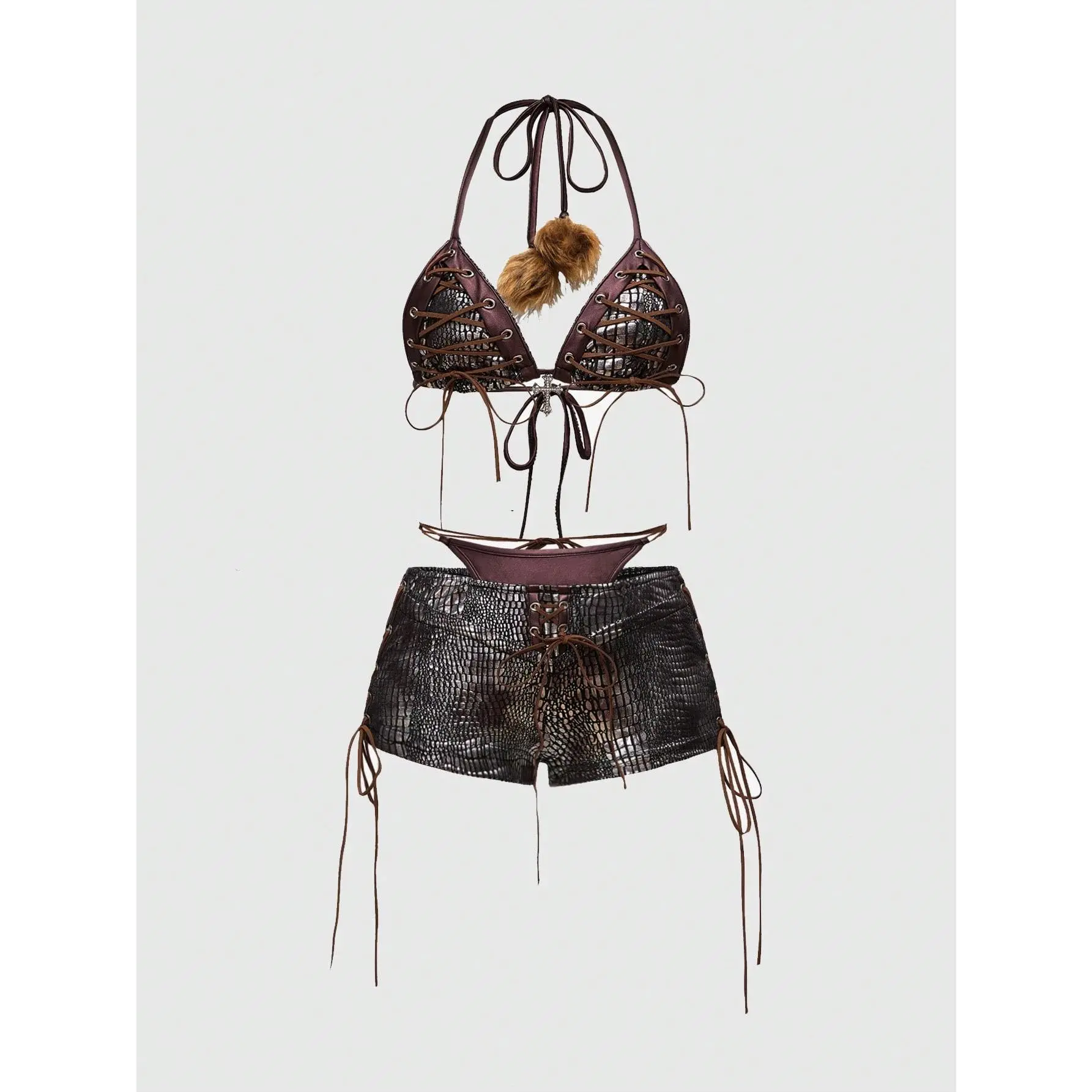 Y2K Lace-Up Faux Fur Halter Bikini Set for Women, Suitable For Summer Vacation, Beach