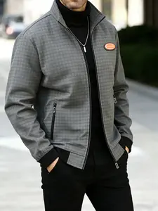 Men's Versatile Jacket, Zip Closure, Plaid Pattern, Long Sleeve, Fitted, Casual Outerwear, Spring & Fall, Polyester