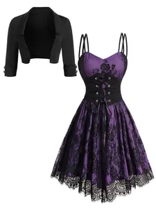 DRESSLILY 2025 Women's Gothic Dress Set Allover Flower Print Lace Mesh Overlay with Corset Belt Double Spaghetti Strap Cami Dress & Solid Color Open Front Crop Jacket Turndown Collar Cropped Jacket Coat Set Long Sleeve Vneck Formal Basic Minimalist