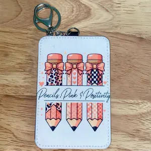 Personalized Teacher Badge Holder - Pencils Pink & Positivity Design - Durable keychain- 3x4.5 Inches - Two Card Slots - Handcrafted Customization Option