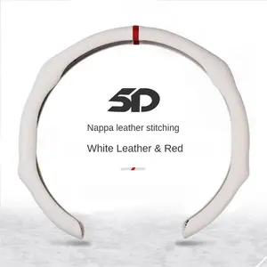 Leather Steering Wheel Cover Ultra-Thin Non-Slip Breathable All-Season Grip Universal Fit for 14.5-15 Inch Wheels White Leather Red Stitching