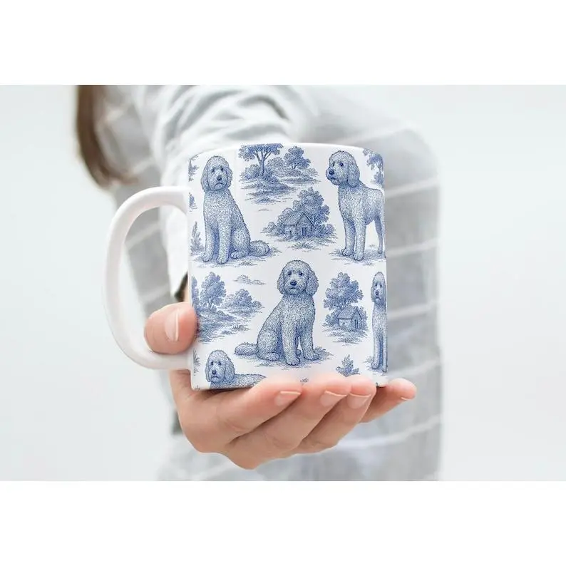 Golden Doodle Mug, Blue Toile de Jouy Dog Coffee Cup, Goldendoodle Gift for Dog Lover, Dog Mom, Doodle Owner, Doodle Mug