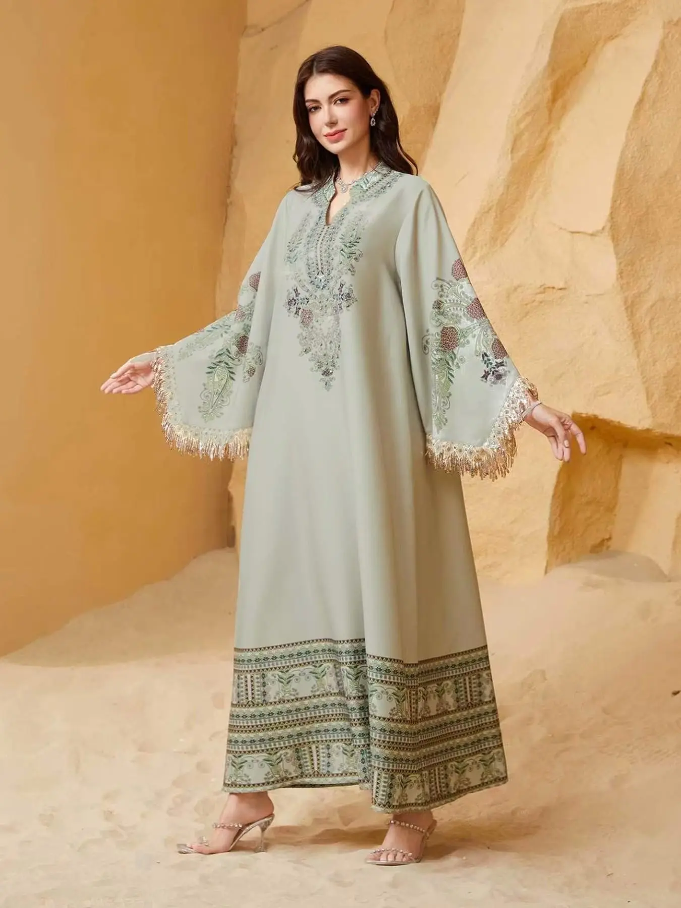 Elegant Long Dress for Evening Occasions, V Neck Loose Fit with Ethnic Pattern, Beaded Sleeves, Light Luxury Style, Woven, Jalabiya