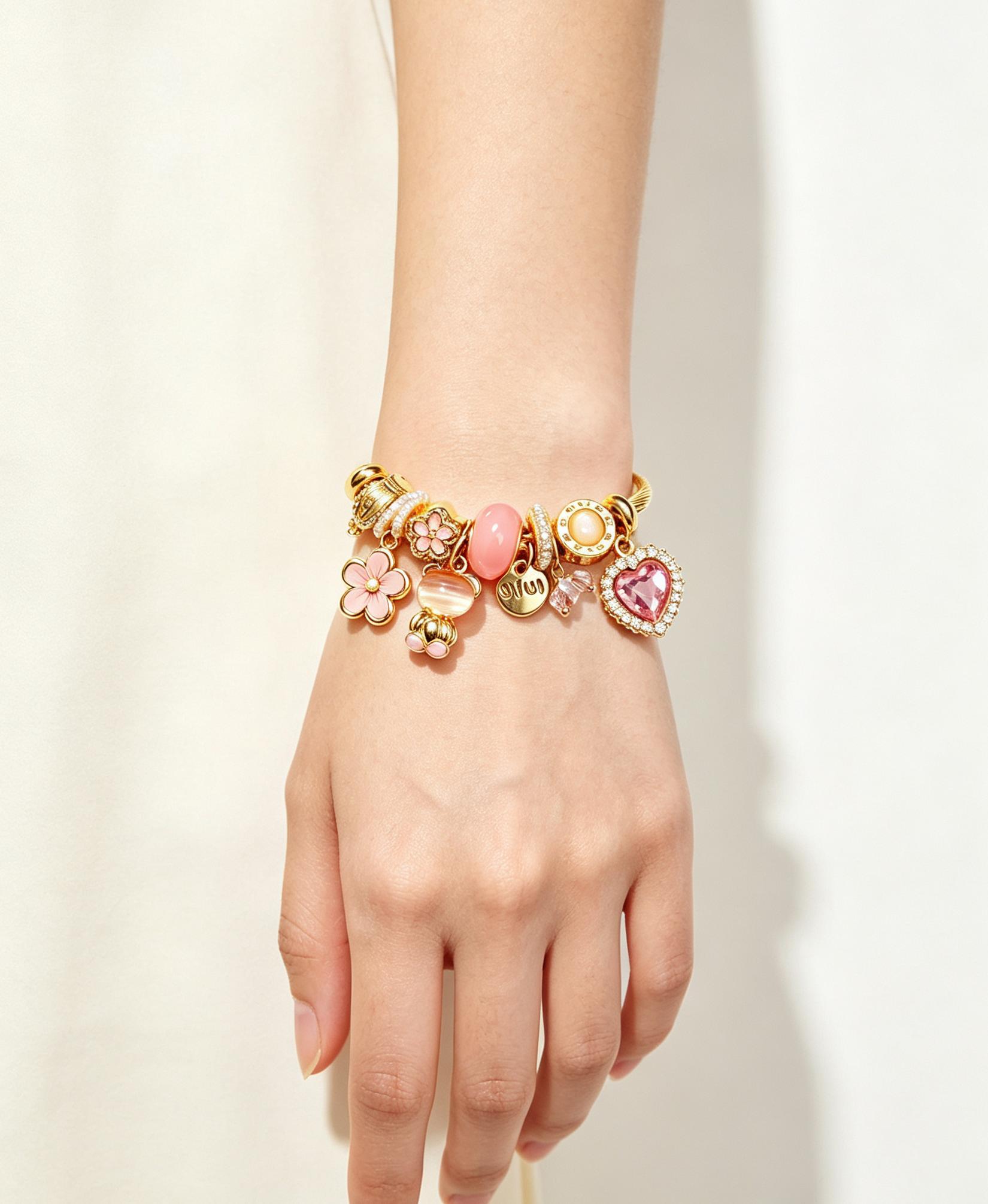 Adjustable Open Cuff Charm Bracelet for Women, 2 Styles Pink & Sky Blue Enamel Bead Bangle with Rhinestone Heart Charms, Gold Twisted Wire Flexible Bracelets Jewelry Gift for Daily Wear