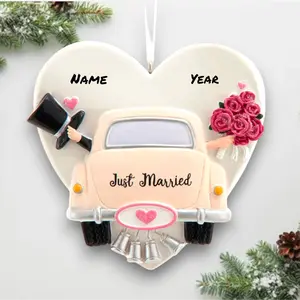 Personalized Just Married Wedding Car Christmas Ornament – Custom Name & Year – Newlywed Couple in Car with Roses – 4” Heart Ornament – Noel Box