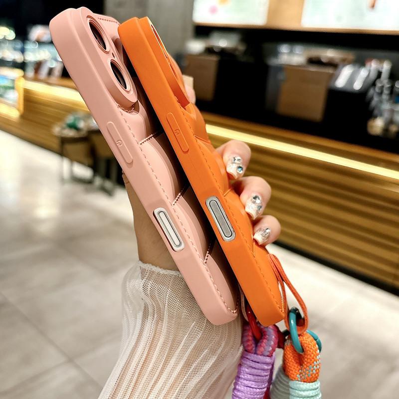 Luxury Liquid Down Jacket iPhone Case with Hand Strap | Oil Coated Protective Cover for iPhone 16 15 14 13 12 11 XR 7 8