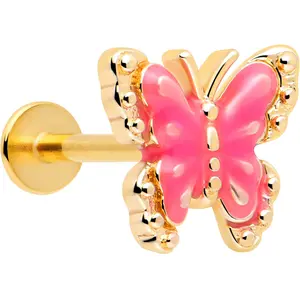 16G 5/16 Gold Tone Butterfly Pink Splash Labret Monroe Tragus