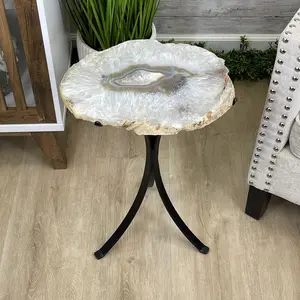 Natural Brazilian Agate Side Table on a black metal base, 22.25" tall #1305-0130