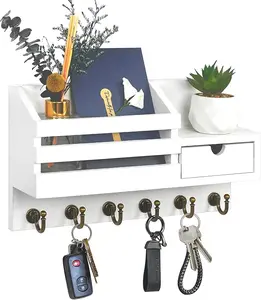 Key and Mail Holder For Wall, Mail Organizer Wall Mount with 6 Hooks and Storage Drawer, Easy Installation Key Rack for Entryway and Shelves