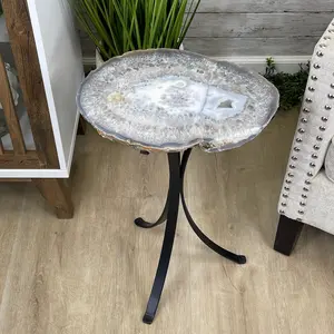 Natural Brazilian Agate Side Table on a black metal base, 21.75" tall #1305-0137