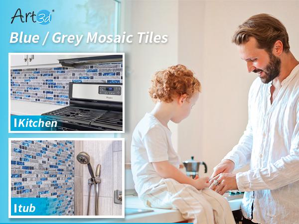 Art3d Glass Decorative Tile for Kitchen & Bathroom Backsplash, Blue/Gray Grout Design, 5-Pack, Easy Installation, Modern Mosaic Accent  Wall Stickers