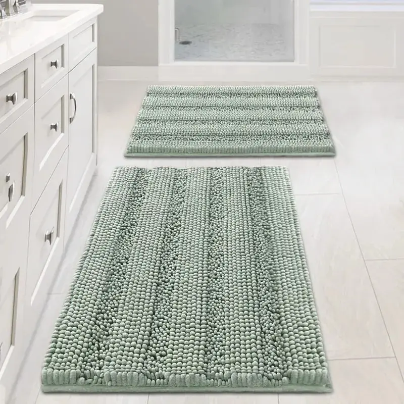 Cozy Rectangle 2-Piece Soft Chenille Striped Plush Bathroom Mat Set - 20x32in+17x24in Ultra-Thick Non-Slip 2000g/sm Water Absorbent Protector, Easy-Care Cold-Wash Soft Decorative Mat, Bathroom Decorative Mat