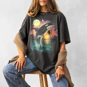 Orca Midnight Vintage Graphic Shirt, Retro Ocean Comfort Colors Orca Shirt, Moonlight Ocean Lightning Tee, 90s Marine Life Graphic Top Gift
