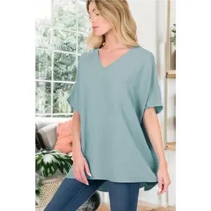 Zenana Woven Airflow V-Neck Dolman Short Sleeve Pocket Top