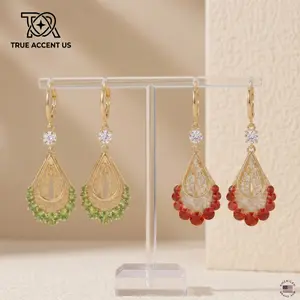 Women's Hypoallergenic 14K Gold Plated Teardrop Dangle Earrings - Colorful CZ Leverback, Delicate Leaf Filigree, Vintage Bohemian Costume Jewelry