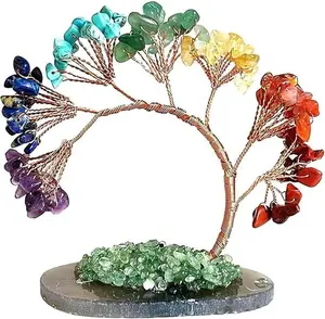 Mini Natural Reiki Healing 7 Chakra Good Luck Money Tree, Crystal Tree with Agate Base, Meditation Spiritual Decor for Good Luck, Home Decoration for Wealth and Luck(1)