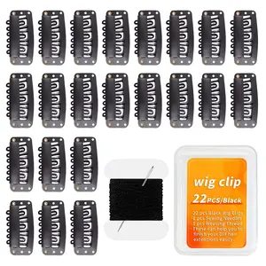 22 count 32mm Hair Extensions Clip Ins 6- U-Shape Black Hair Clips, with DIY  and Thread Kit - Snap Hair Clips for Wig Clips